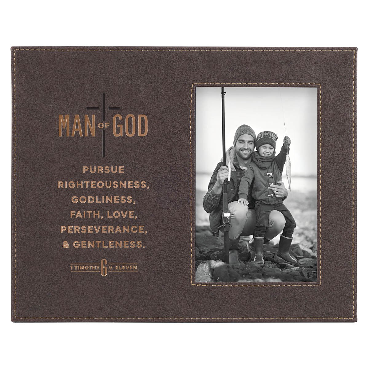 Man of God Brown Faux Leather Photo Frame - 1 Timothy 6:11