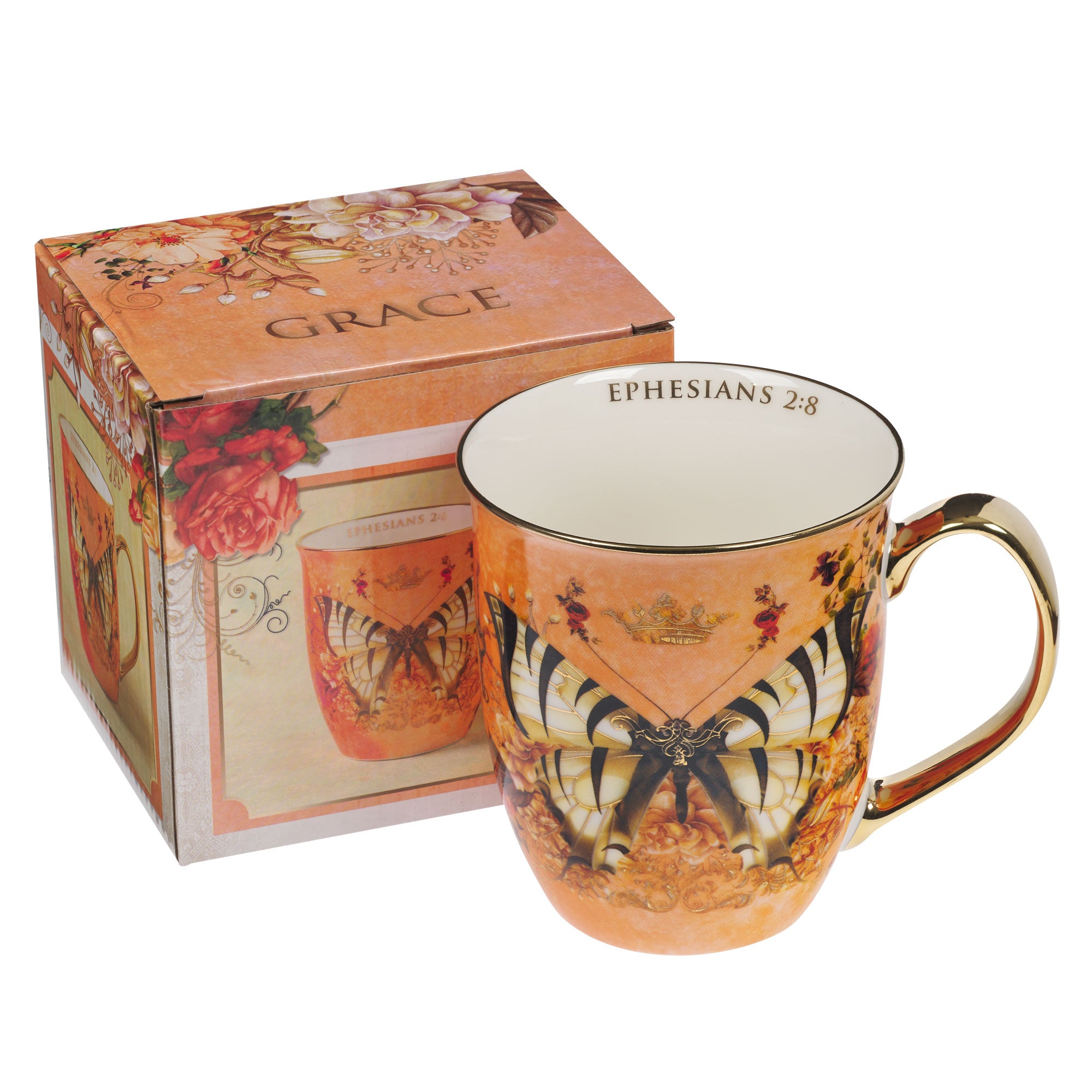 Grace Orange Butterfly Ceramic Coffee Mug - Ephesians 2:8