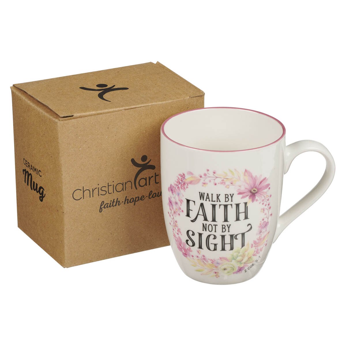 Walk By Faith Not Sight Pink Wreath Ceramic Coffee Mug - 2 Corinthians 5:7