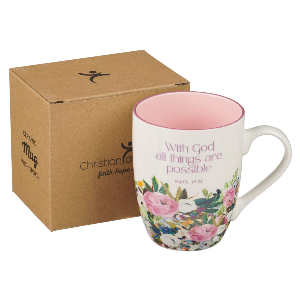 With God Things Are Possible Pink Floral Ceramic Coffee Mug - Matthew 19:
