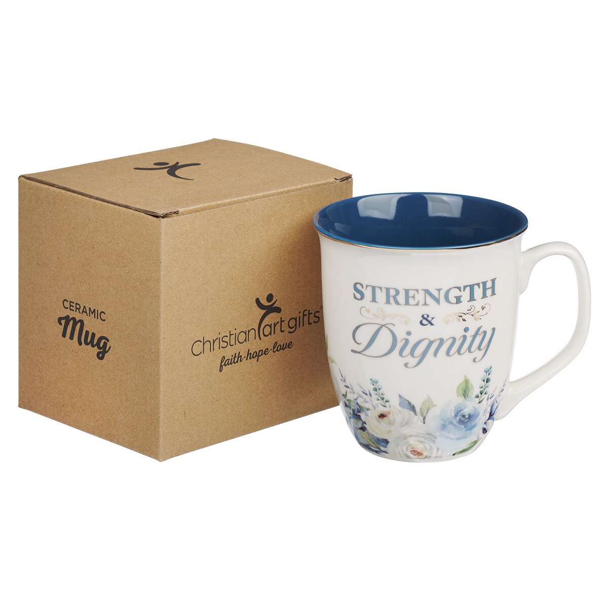 Strength and Dignity Indigo Rose Ceramic Coffee Mug - Proverbs 31:25