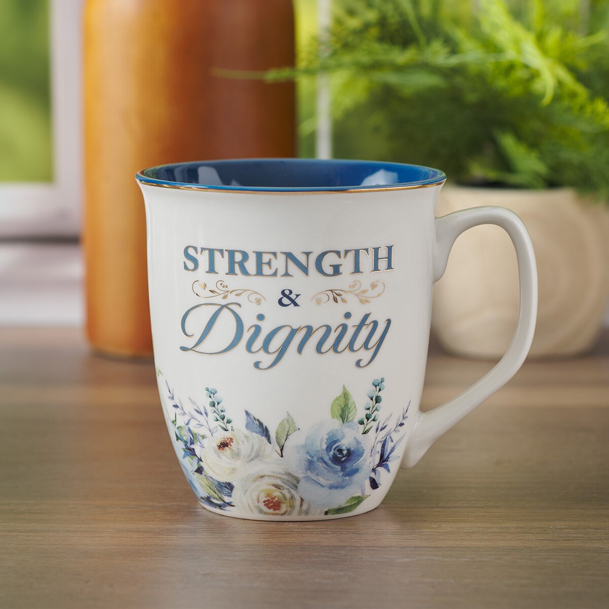 Strength and Dignity Indigo Rose Ceramic Coffee Mug - Proverbs 31:25