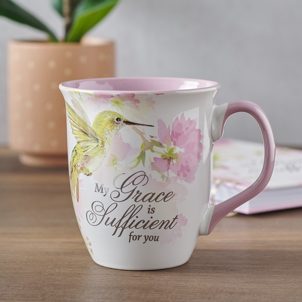 My Grace is Sufficient Hummingbird Pink Ceramic Coffee Mug - 2 Corinthians 12:9