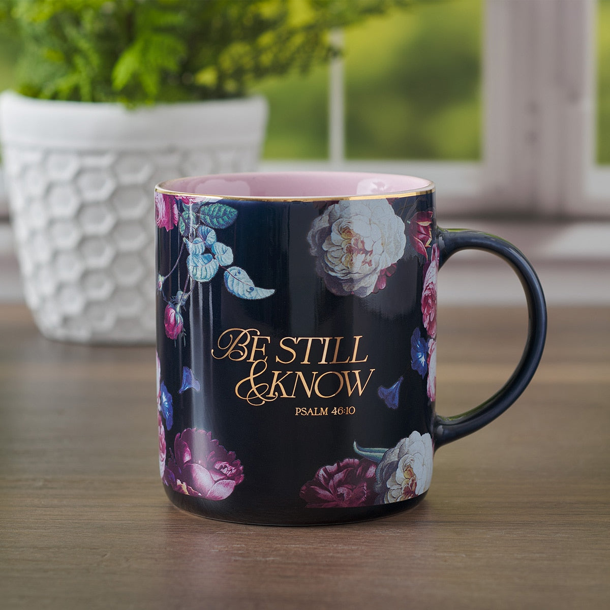 Be Still and Know Midnight Blue Floral Ceramic Mug - Psalm 46:10