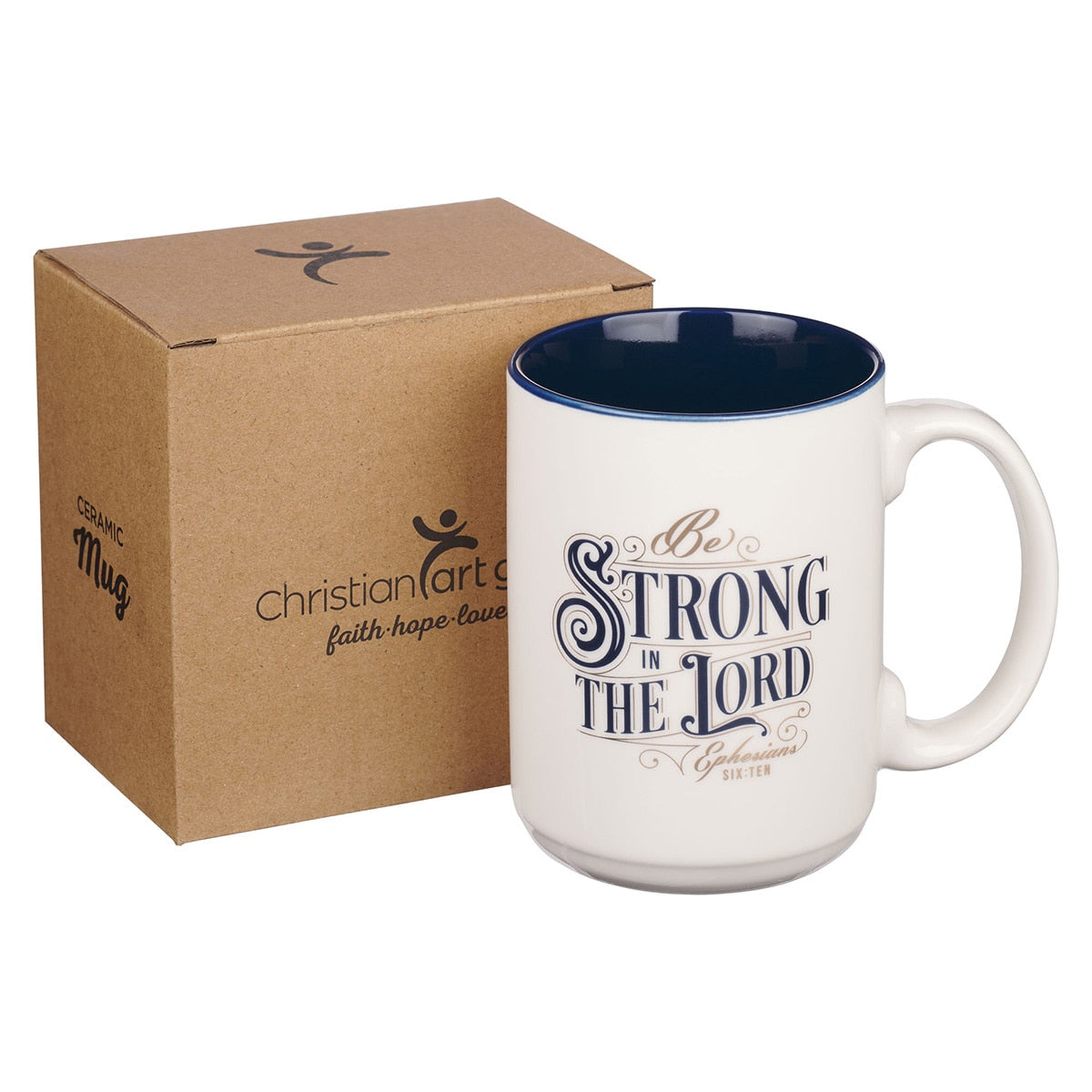 Be Strong in the Lord White and Navy Blue Ceramic Coffee Mug - Ephesians 6:10