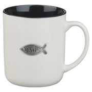 Jesus Fish Metal Inlay White Ceramic Coffee Mug - Matthew 28:19