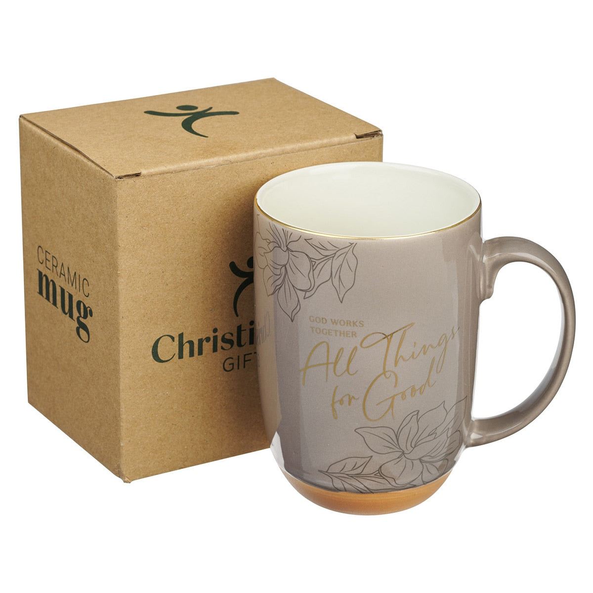All Things for Good Taupe Ceramic Coffee Mug with Exposed Clay Base - Romans 8:28