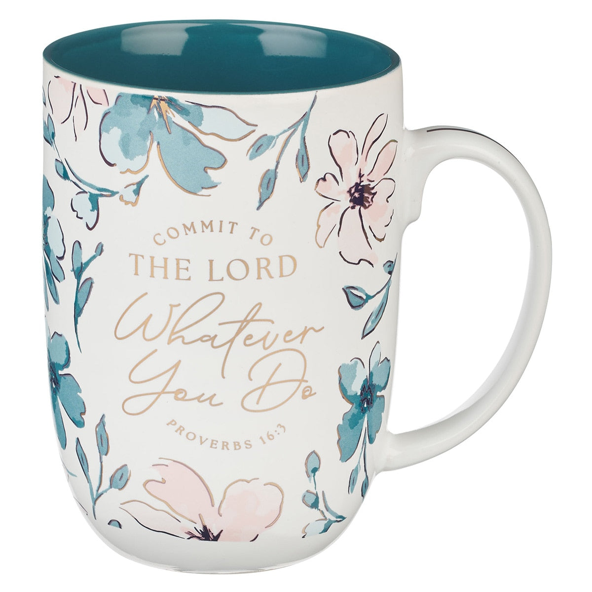 Whatever You Do Teal Floral Ceramic Coffee Mug - Proverbs 16:3