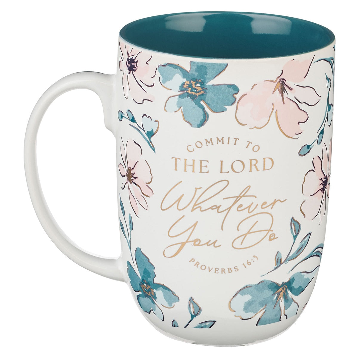 Whatever You Do Teal Floral Ceramic Coffee Mug - Proverbs 16:3