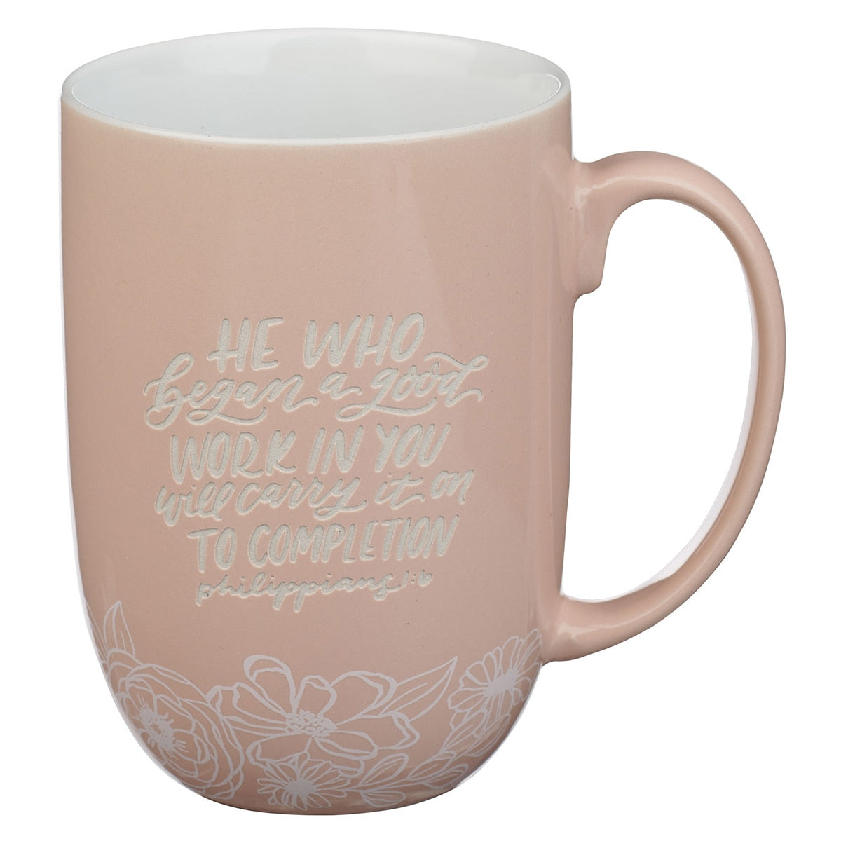 Good Work Pink Floral Ceramic Coffee Mug - Philippians 1:6