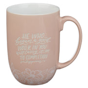 Good Work Pink Floral Ceramic Coffee Mug - Philippians 1:6