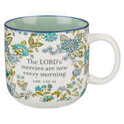Morning Mercies Blue and Green Floral Ceramic Coffee Mug - Lamentations 2:22-23