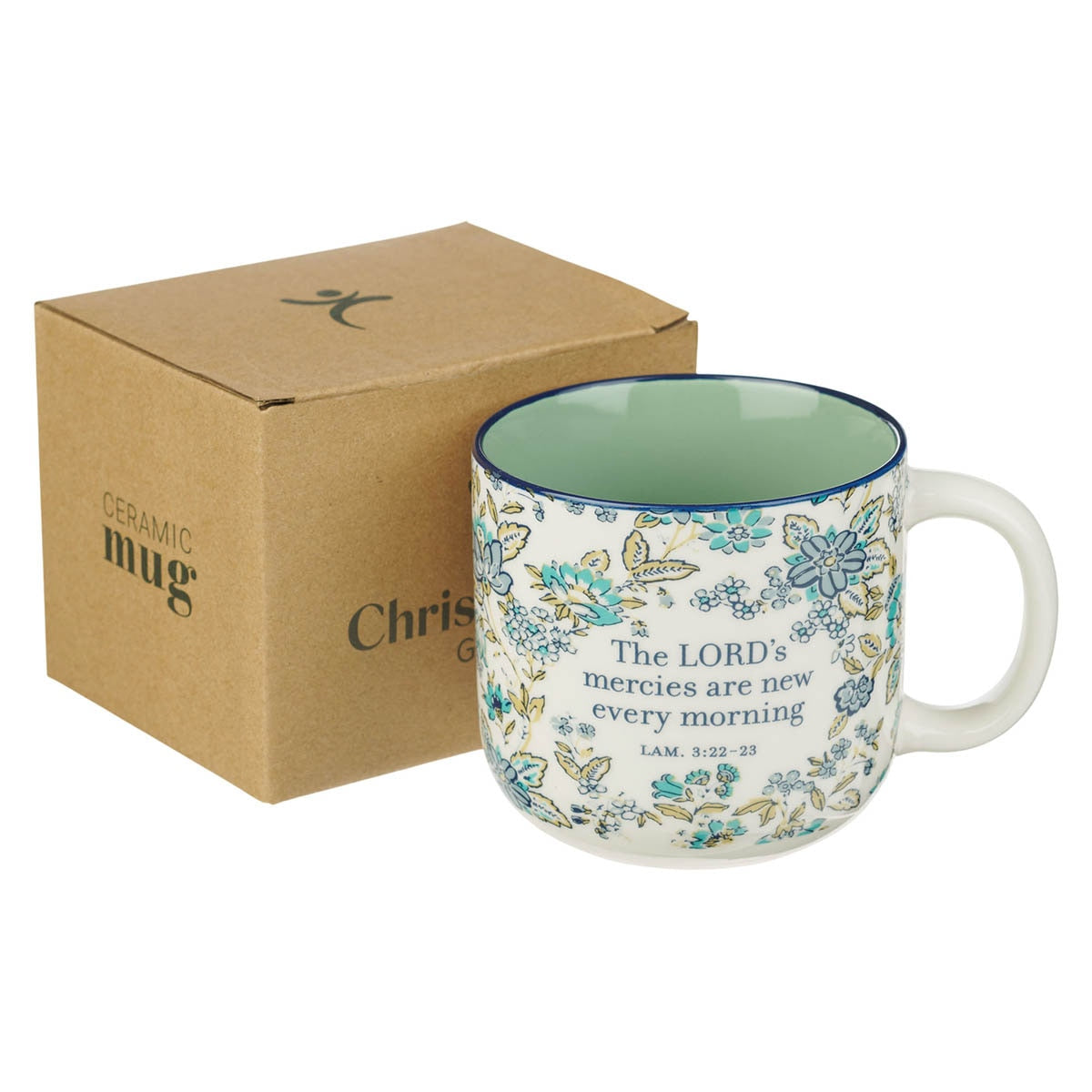 Morning Mercies Blue and Green Floral Ceramic Coffee Mug - Lamentations 2:22-23