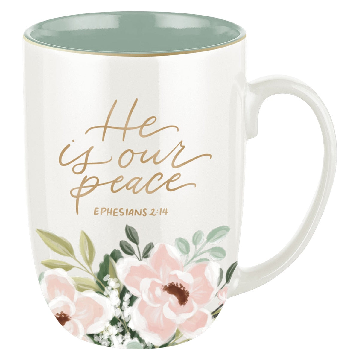 He Is Our Peace Green Floral Ceramic Coffee Mug – Ephesians 2:14