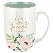 He Is Our Peace Green Floral Ceramic Coffee Mug – Ephesians 2:14