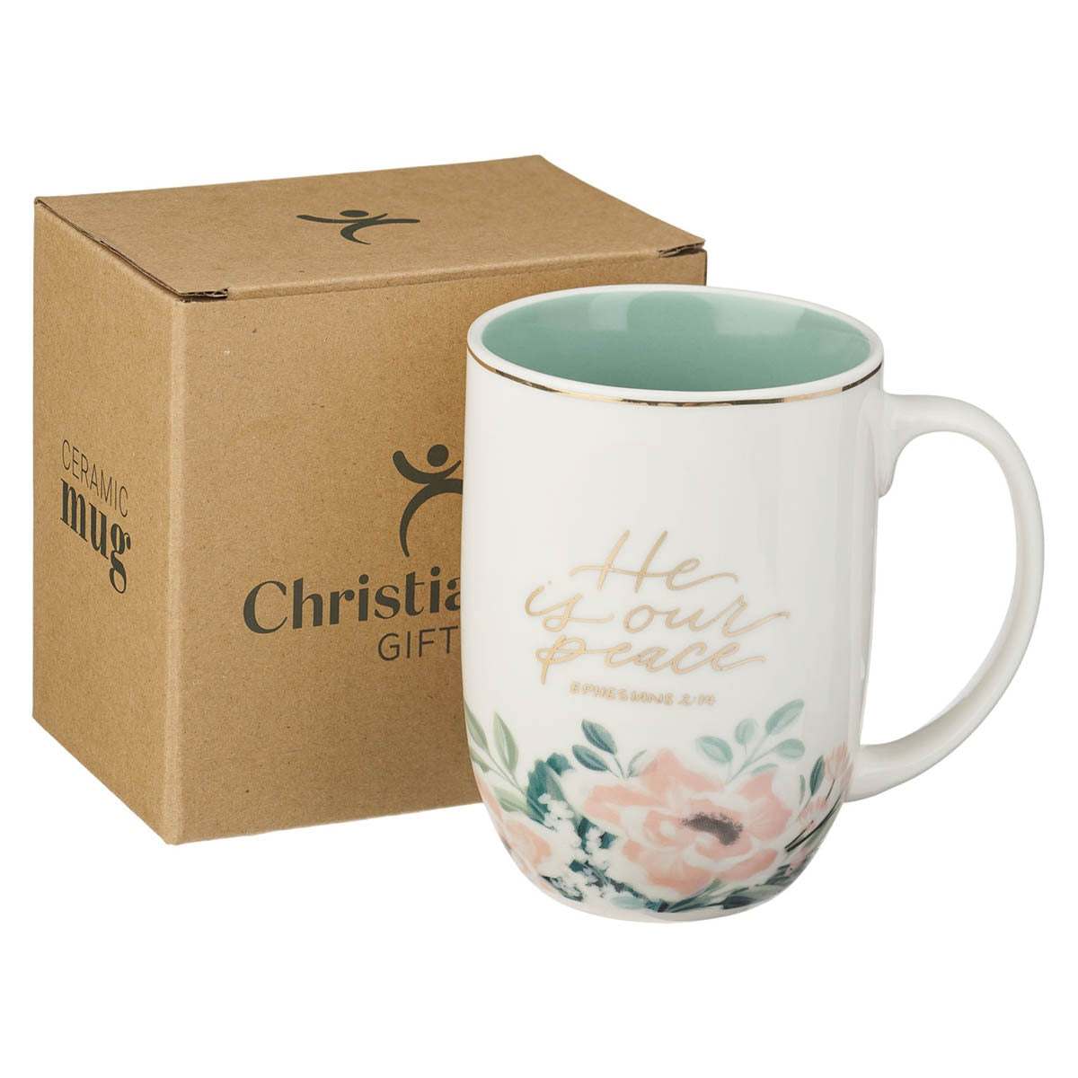 He Is Our Peace Green Floral Ceramic Coffee Mug – Ephesians 2:14