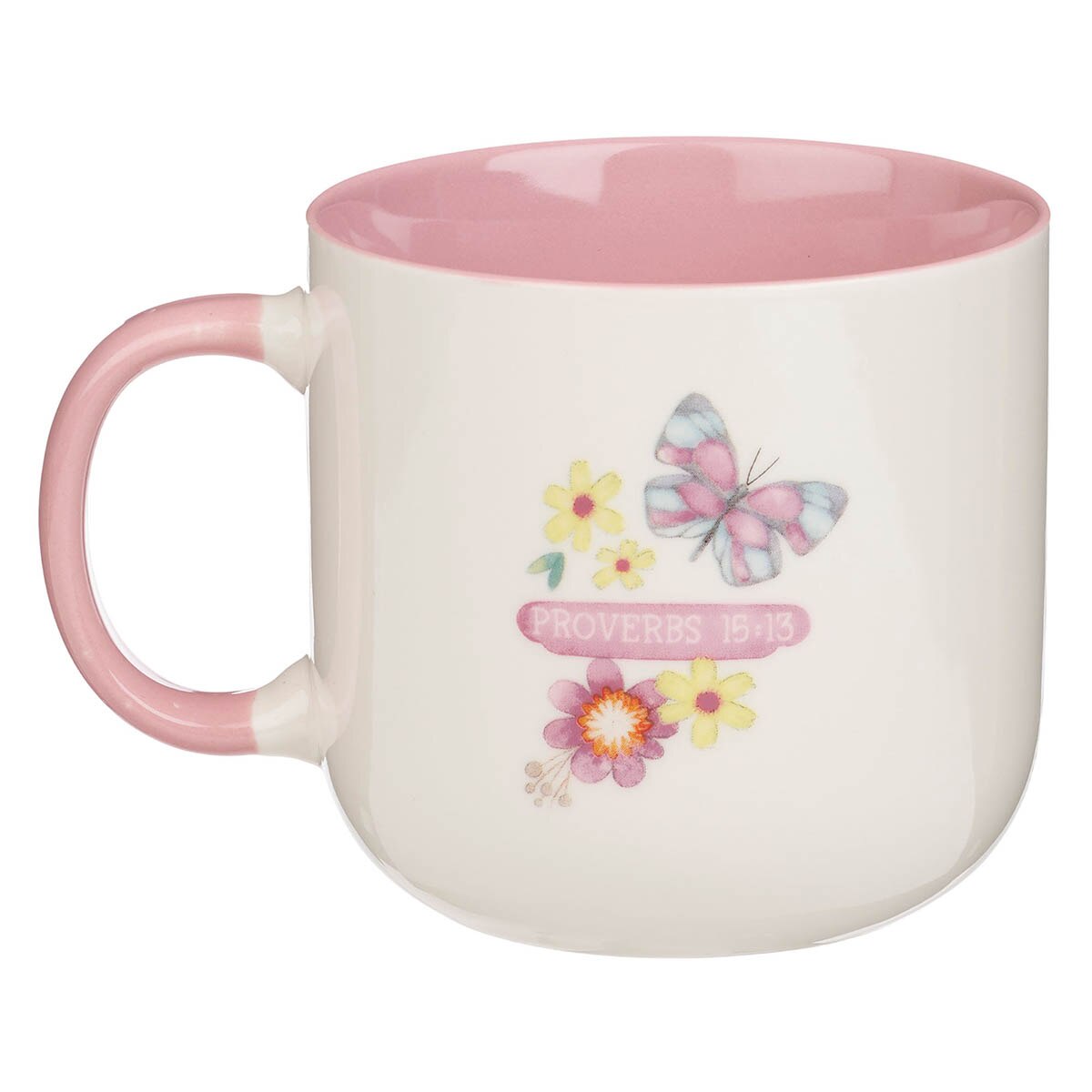 A Glad Heart Makes a Cheerful Face Pink Ceramic Mug - Proverbs 15:13