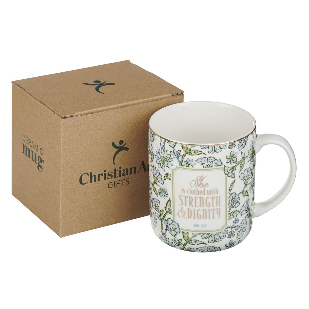 Strength and Dignity Blue Cottage Garden Ceramic Coffee Mug - Proverbs 31:25