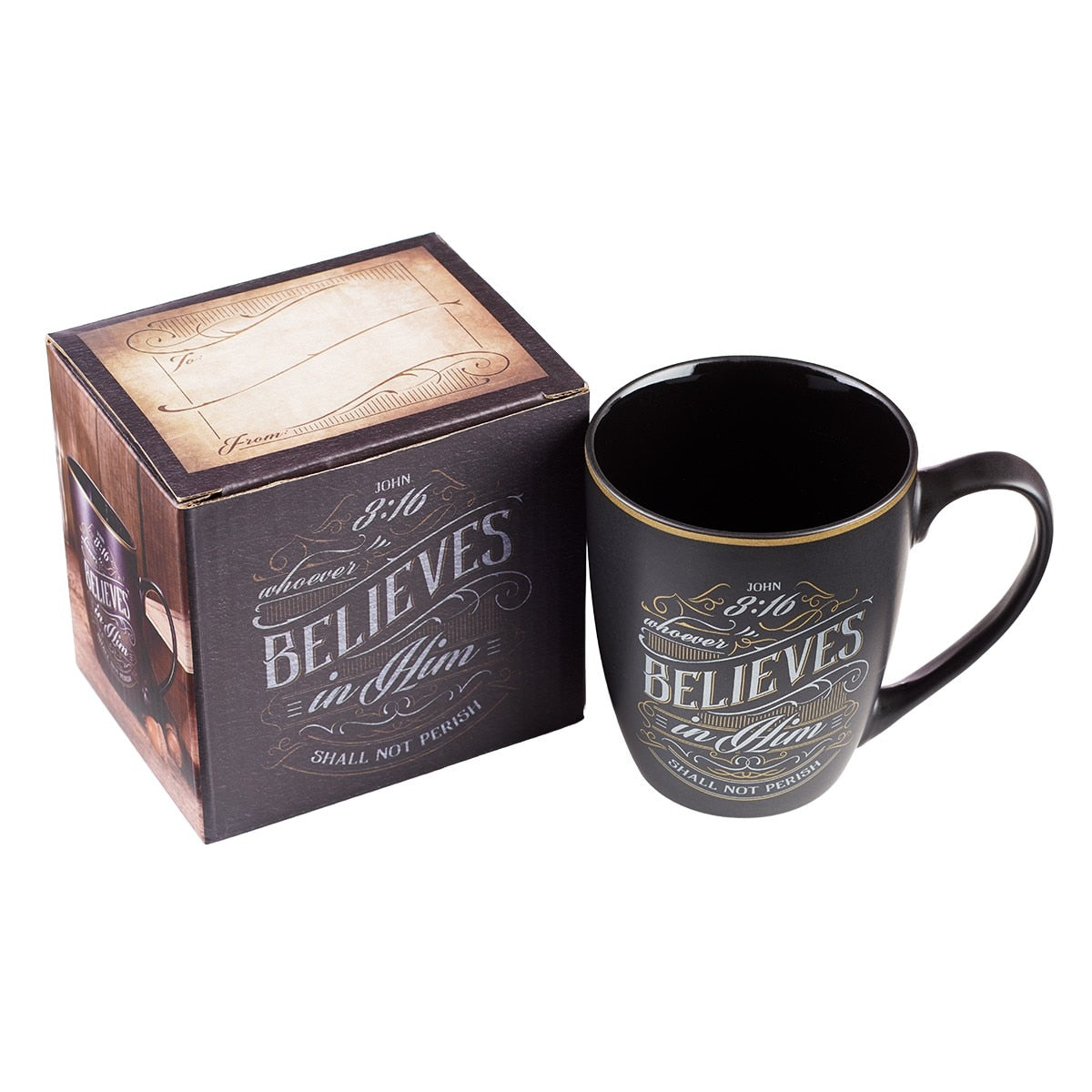Whoever Believes BlackAnd Gold Ceramic Coffee Mug -  John 3:16
