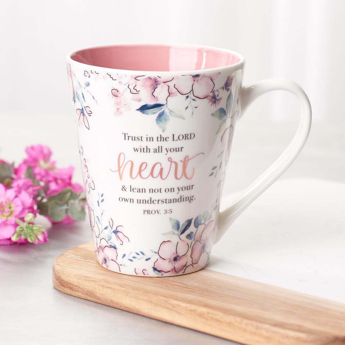 Trust in the Lord Pink Floral Ceramic Coffee Mug - Proverbs 3:5