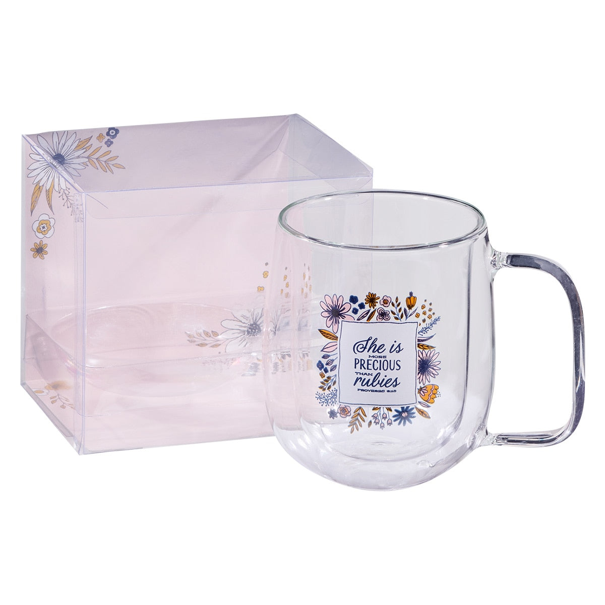 She is More Precious than Rubies Double-walled Glass Mug - Proverbs 3:15