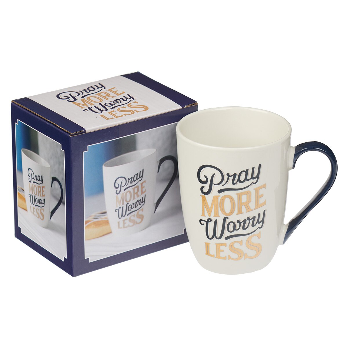 Pray More Worry Less Navy and Gold Ceramic Coffee Mug