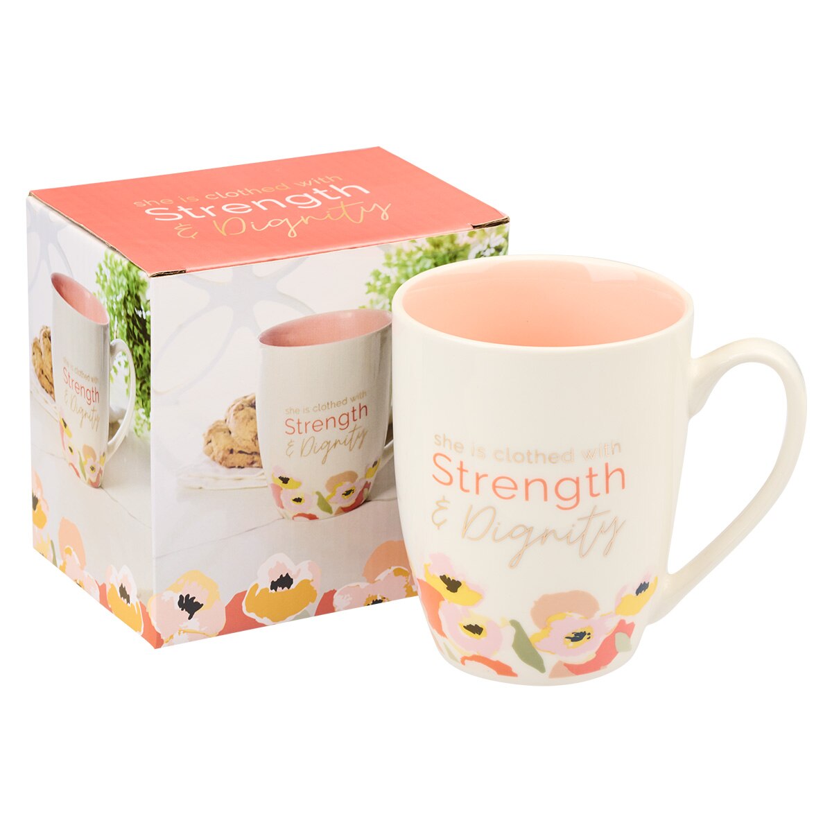 Strength and Dignity Peach Poppy Ceramic Coffee Mug - Proverbs 31:25