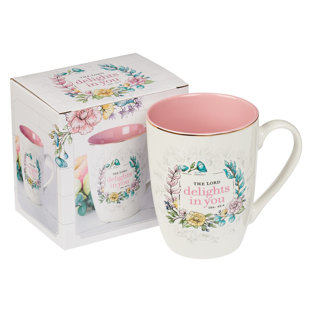 The Lord Delights in You Pink Floral Ceramic Coffee Mug - Isaiah 62:4