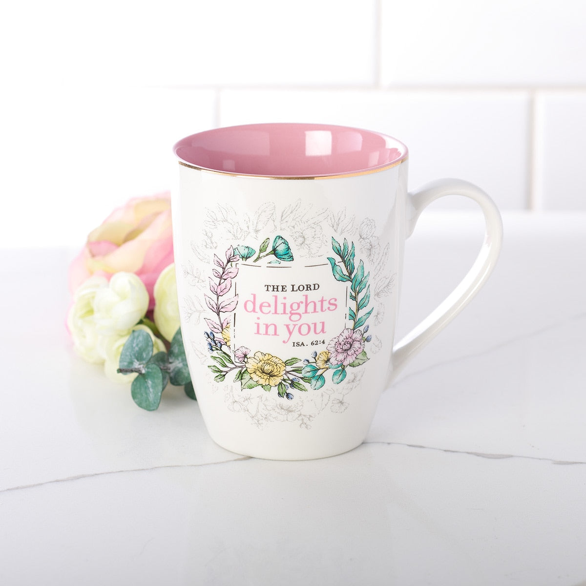 The Lord Delights in You Pink Floral Ceramic Coffee Mug - Isaiah 62:4