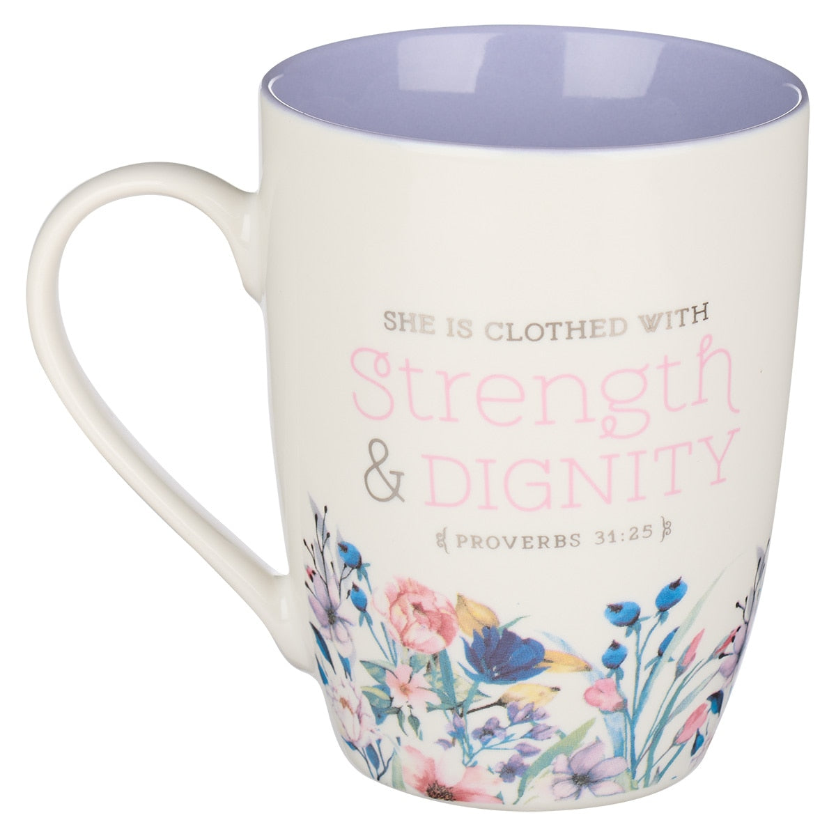 Strength & Dignity Purple Floral Ceramic Coffee Mug - Proverbs 31:25