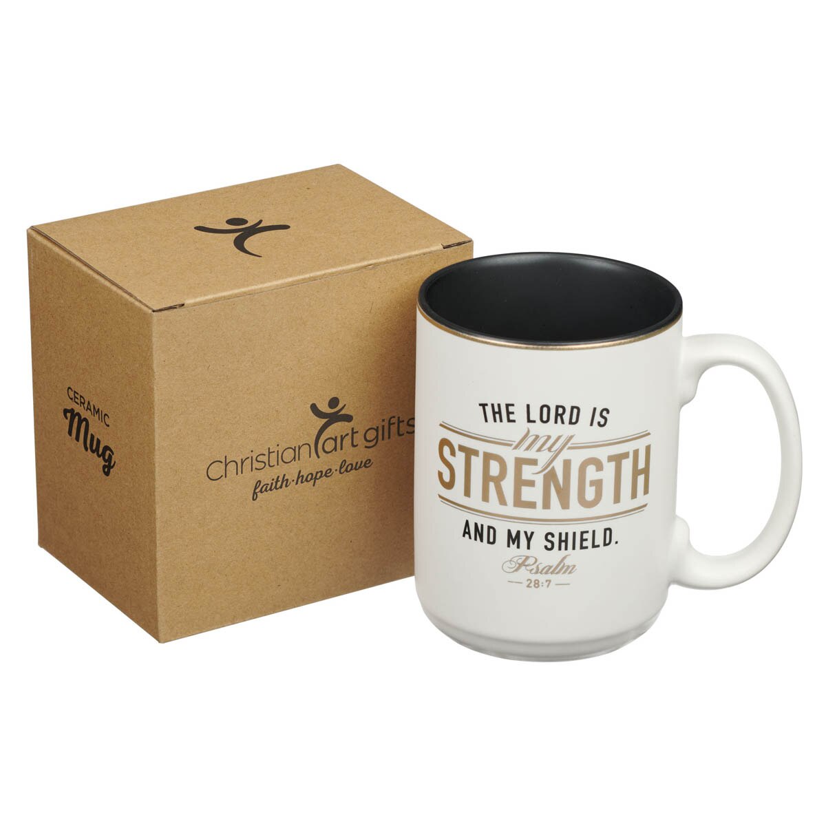 Strength and Shield White and Black Ceramic Coffee Mug - Psalm 28:7