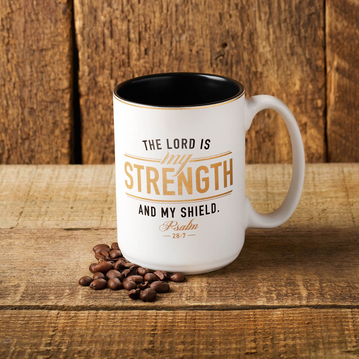 Strength and Shield White and Black Ceramic Coffee Mug - Psalm 28:7