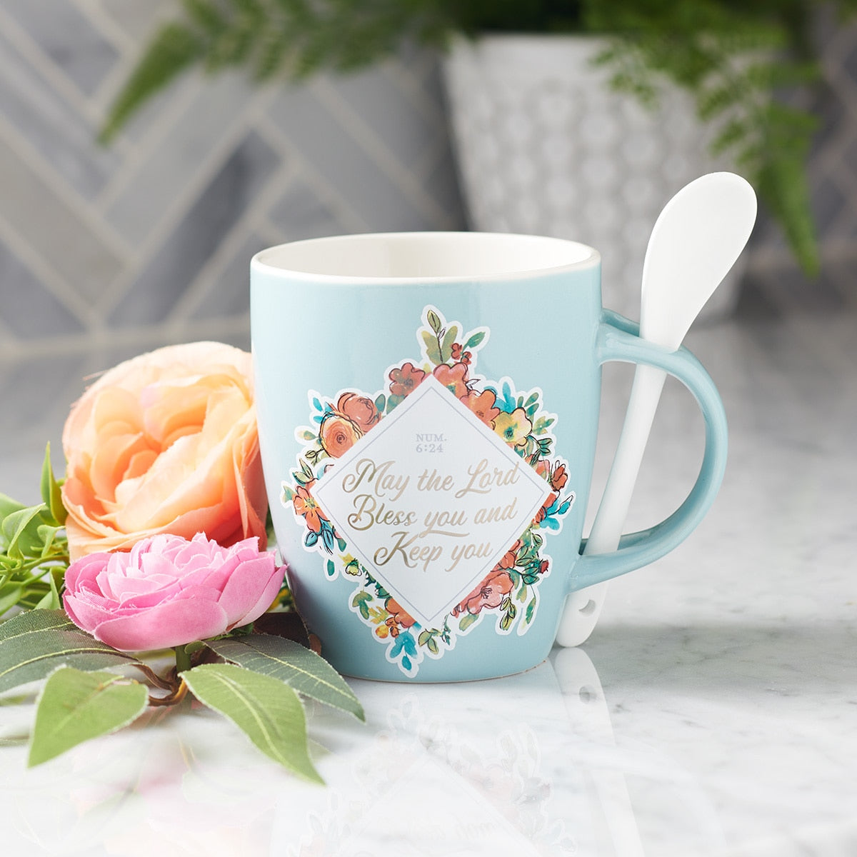 Bless You and Keep You Teal Ceramic Coffee Mug with Spoon - Numbers 6:24
