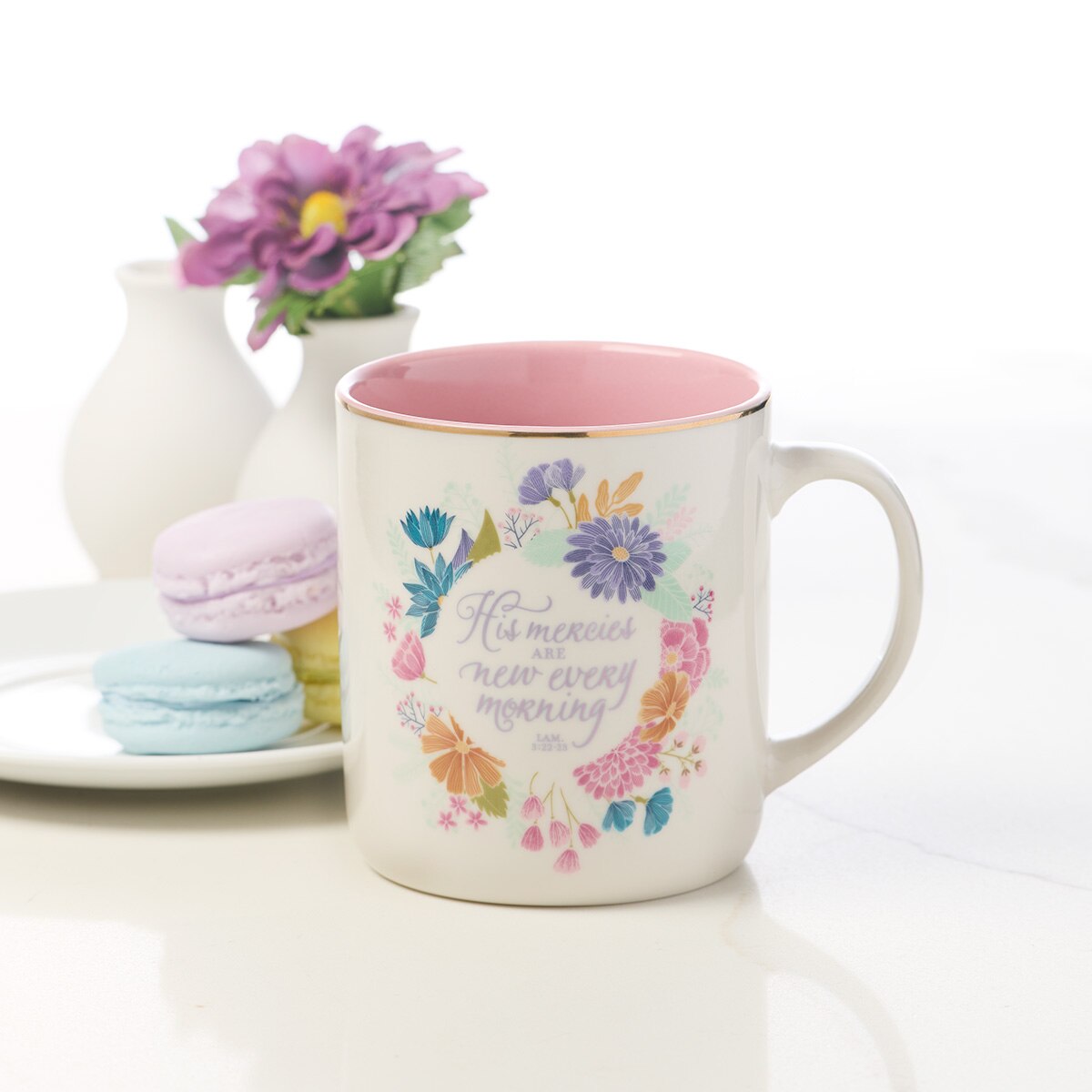 His Mercies Floral Wreath Ceramic Coffee Mug - Lamentations 2:22-23