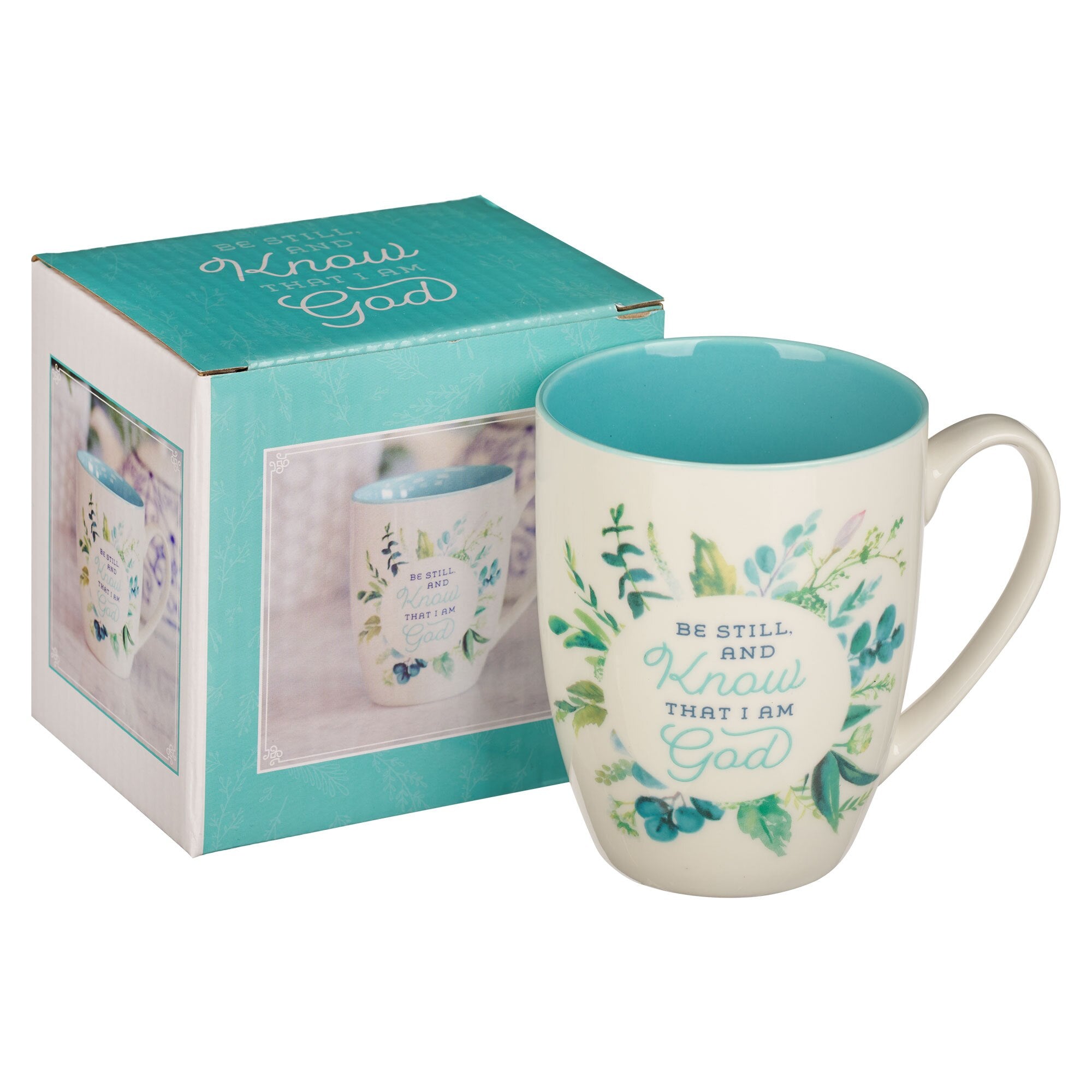 Be Still and Know Teal Floral Ceramic Coffee Mug - Psalm 46:10