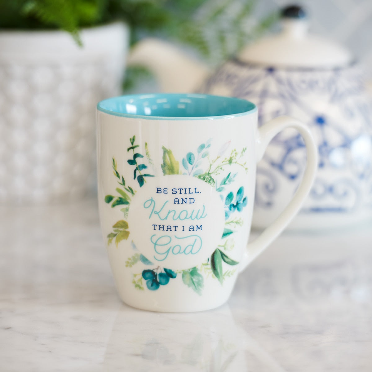 Be Still and Know Teal Floral Ceramic Coffee Mug - Psalm 46:10
