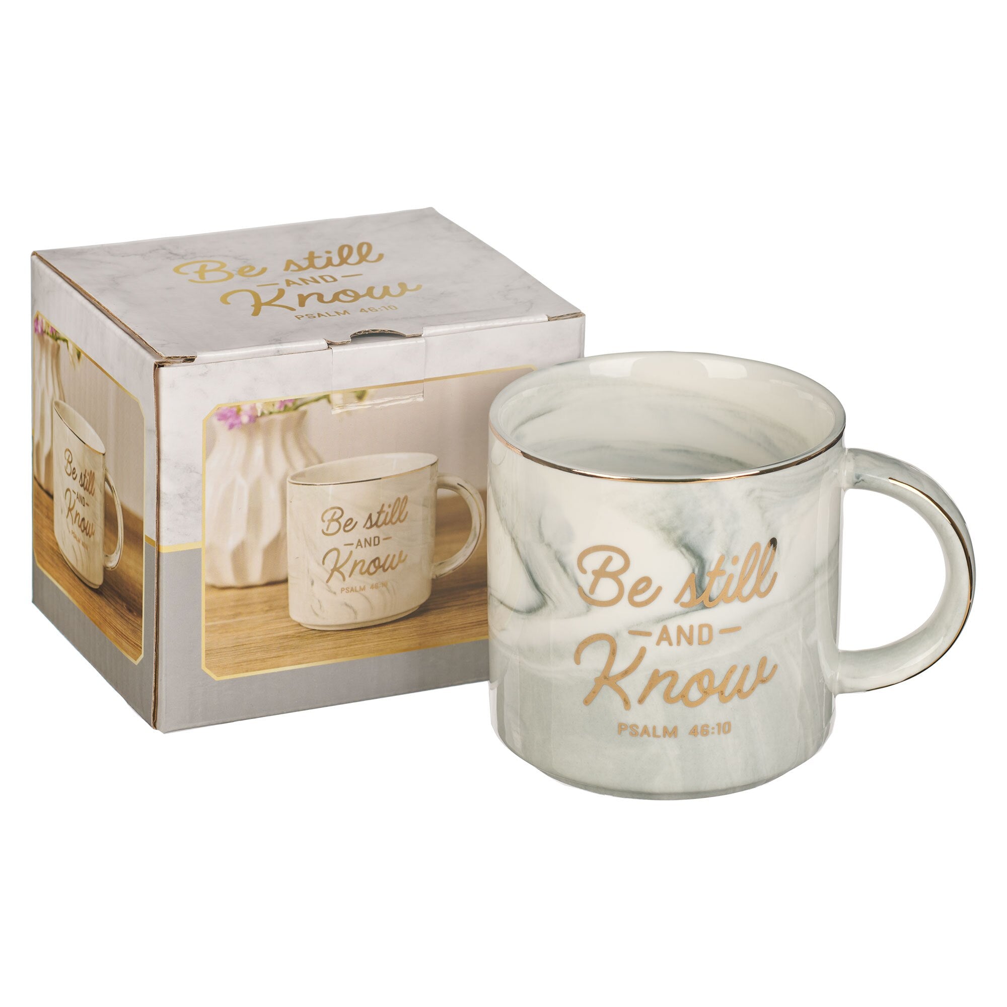 Be Still White Marbled Ceramic Coffee Mug - Psalm 46:10