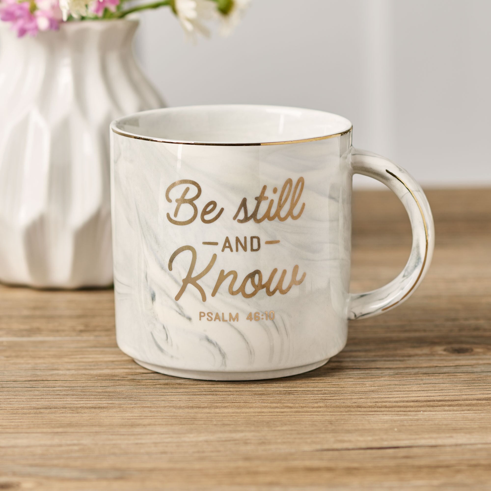Be Still White Marbled Ceramic Coffee Mug - Psalm 46:10