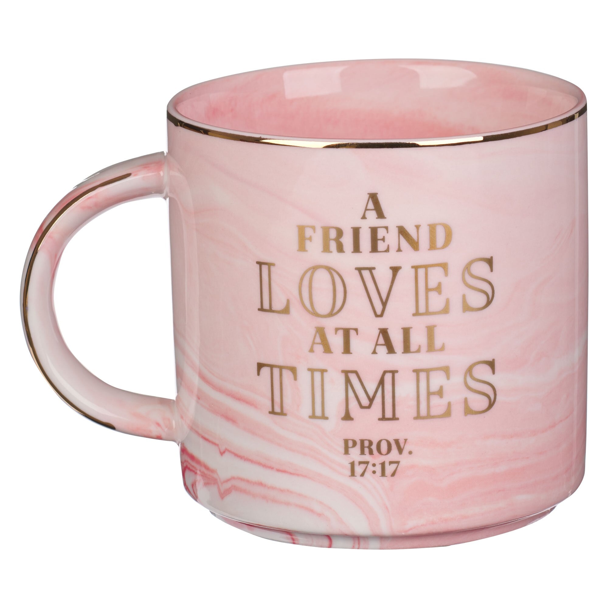 A Friend Loves At All Times Pink Marbled Ceramic Coffee Mug - Proverbs 17:17