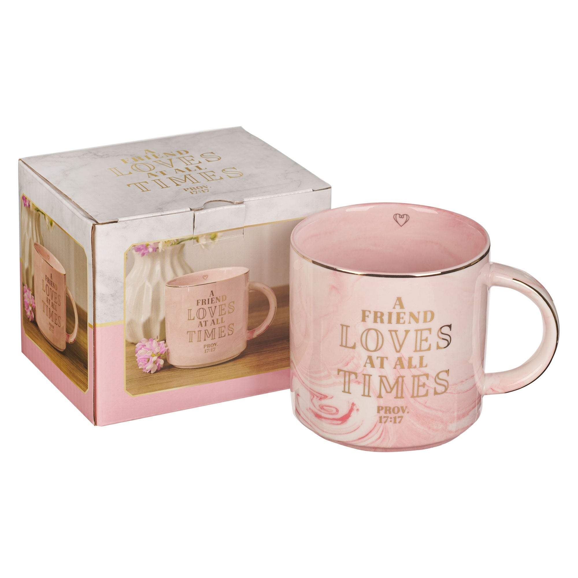 A Friend Loves At All Times Pink Marbled Ceramic Coffee Mug - Proverbs 17:17