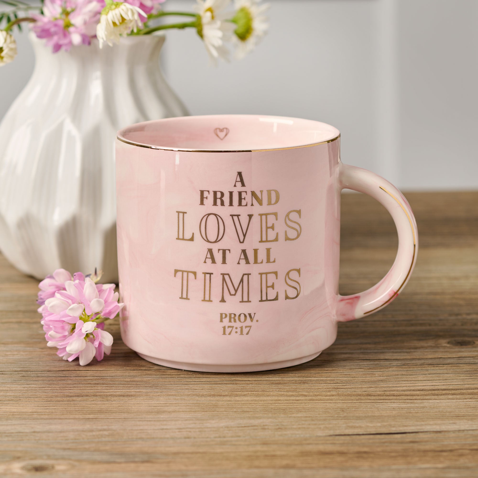 A Friend Loves At All Times Pink Marbled Ceramic Coffee Mug - Proverbs 17:17