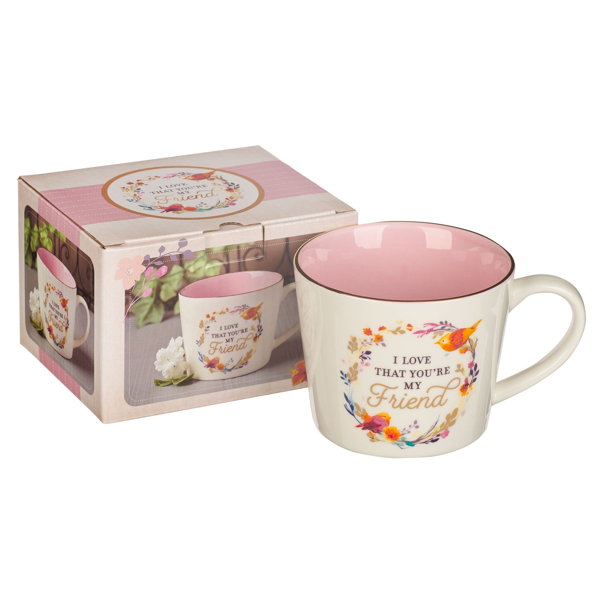 I Love That You Are My Friend White and Pink Ceramic Coffee Mug - Proverbs 27: 9-11