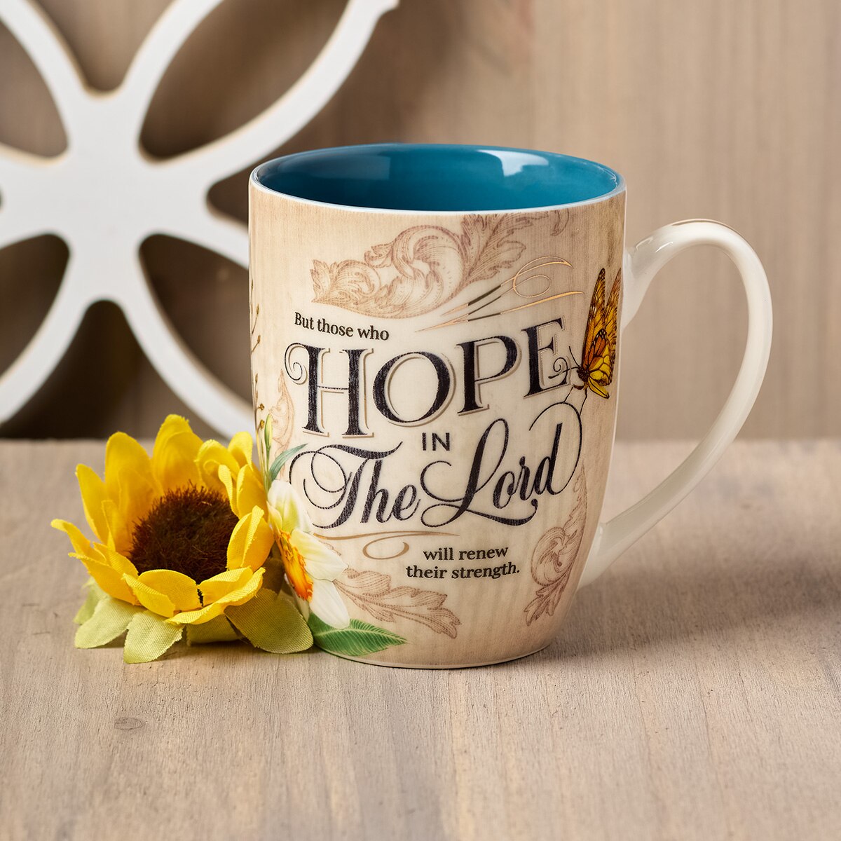 Hope in the LORD Mediterranean Blue Floral Ceramic Mug - Isaiah 40:31