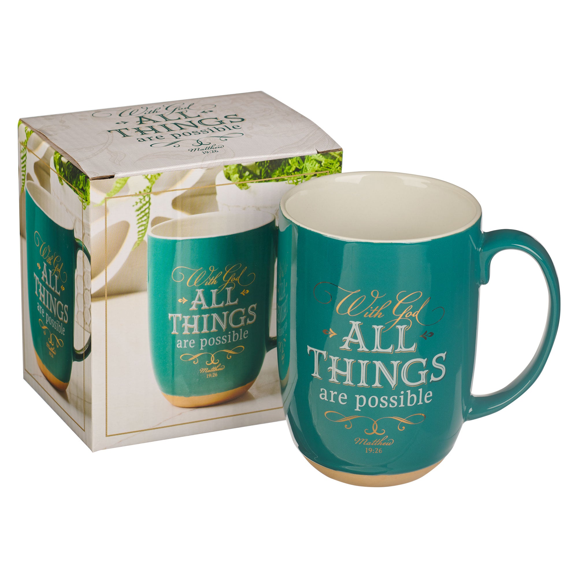 All Things are Possible Green Ceramic Coffee Mug with Exposed Clay Base - Matthew 19:26