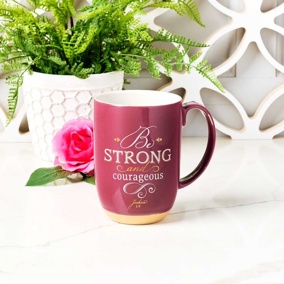 Be Strong and Courageous Pink Ceramic Coffee Mug with Exposed Clay Base - Joshua 1:9