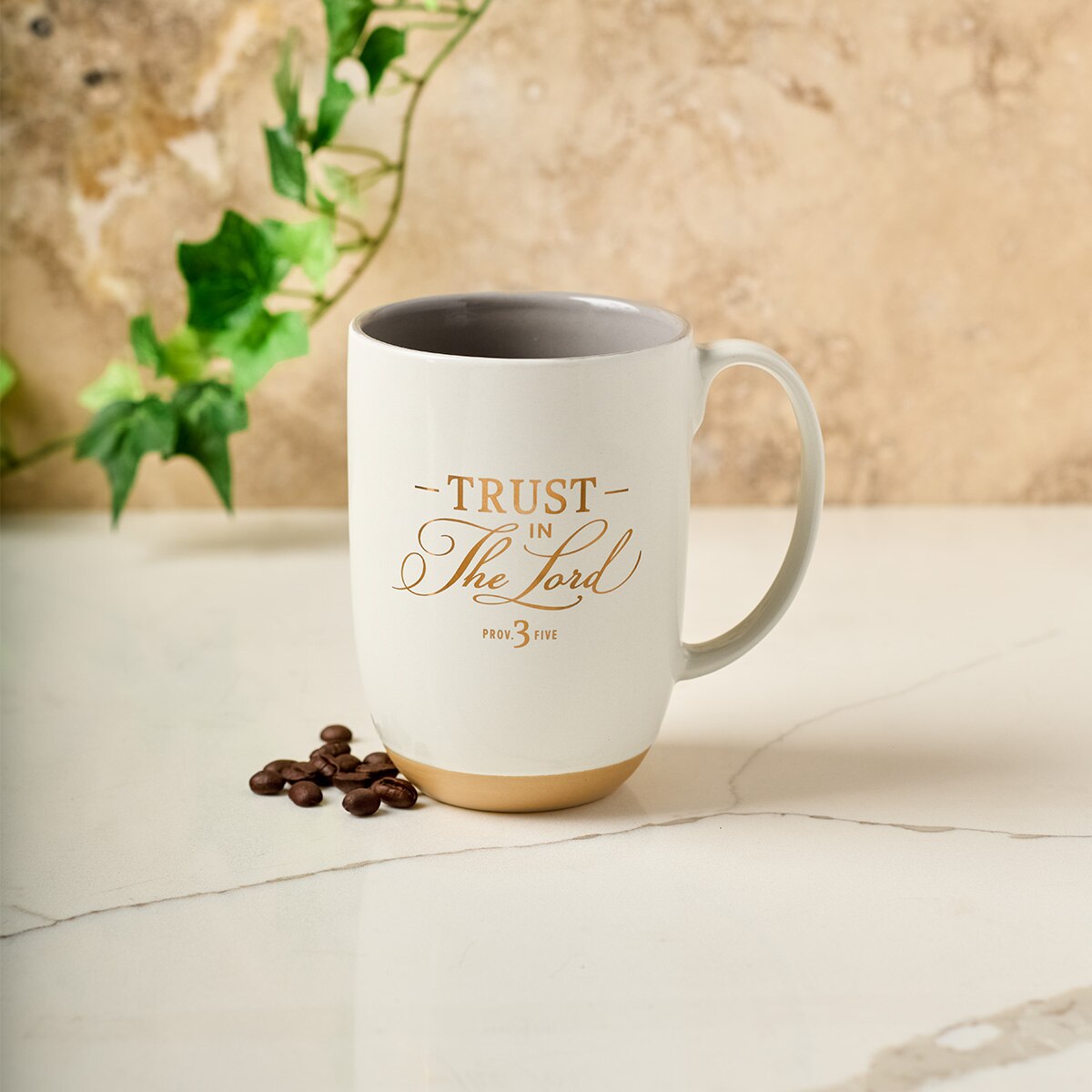 Trust in the Lord white Ceramic Coffee Mug with Exposed Clay Base - Proverbs 3:5