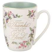 Give Thanks to the Lord White Ceramic Coffee Mug - Psalm 107:1