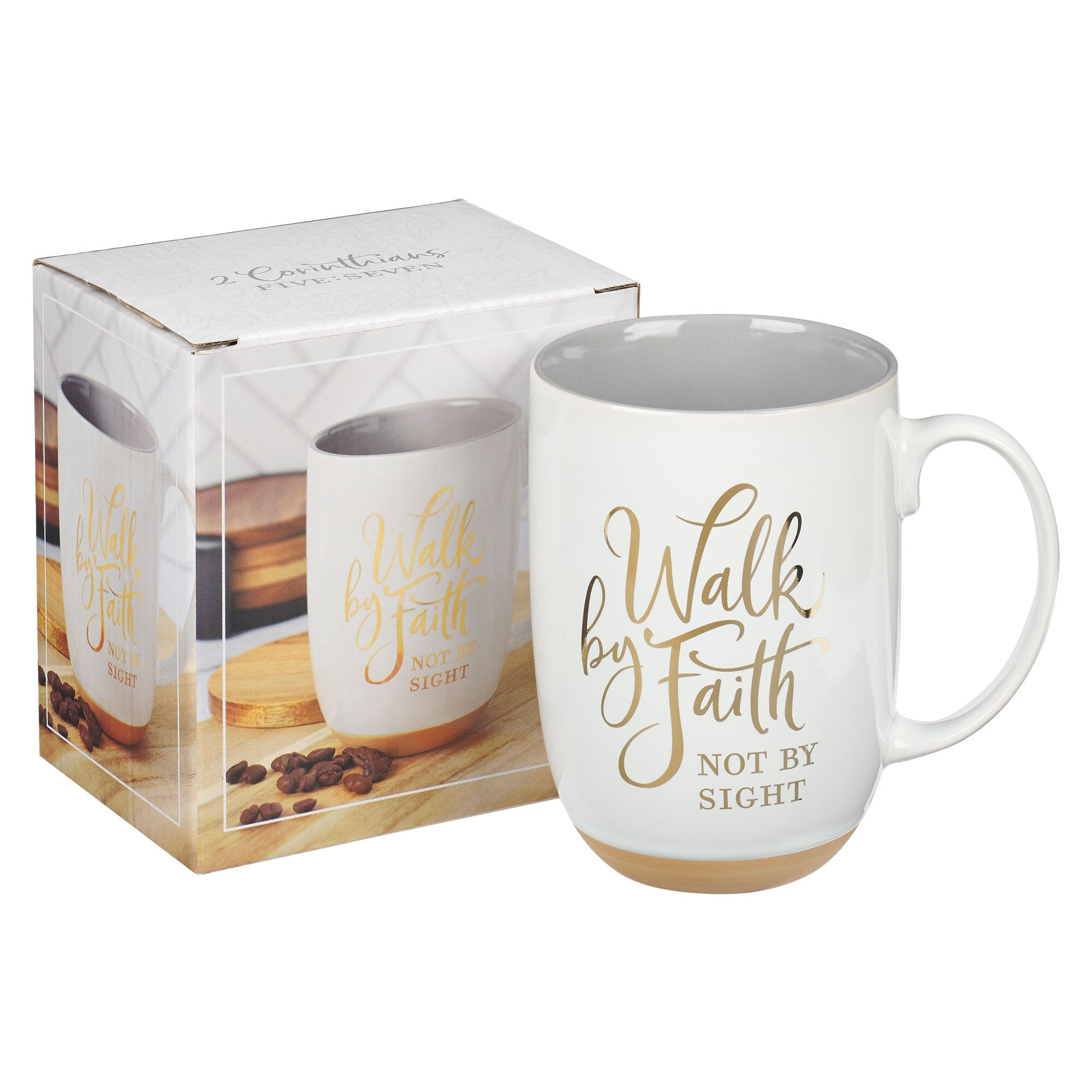 Walk By Faith White Ceramic Coffee Mug with Exposed Clay Base - 2 Corinthians 5:7
