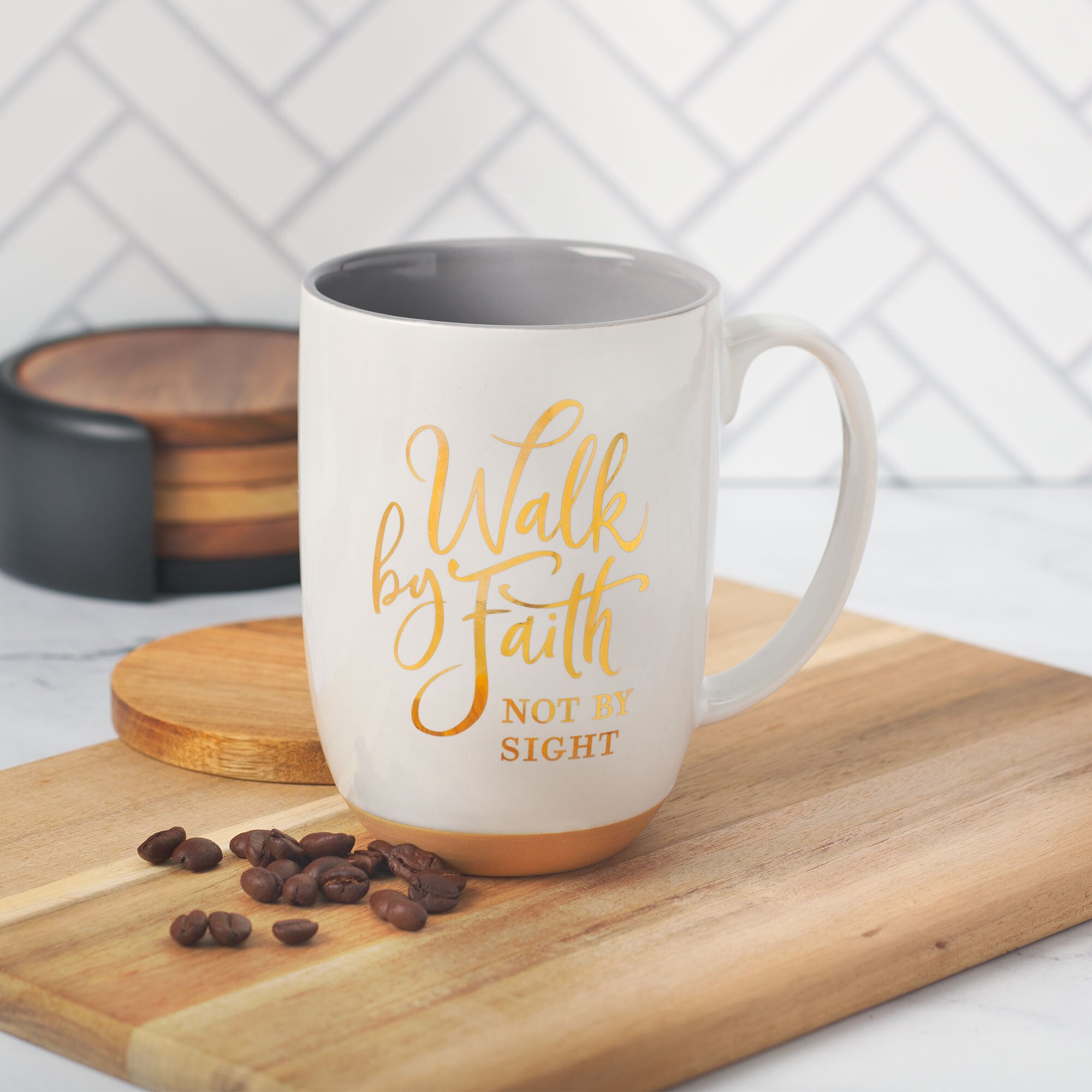 Walk By Faith White Ceramic Coffee Mug with Exposed Clay Base - 2 Corinthians 5:7