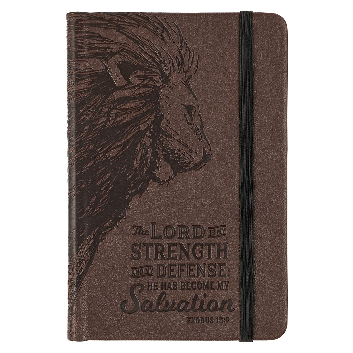 Strength and Defense Lion Walnut-Brown Faux Leather Hardcover Notebook with Elastic Band Closure  - Exodus 15:2